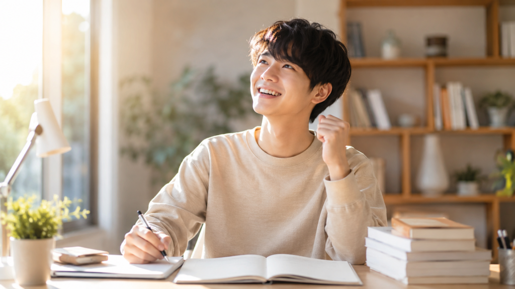 勉強机に向かいながら、突然の気づきを得て明るく微笑む若い男性。ペンを手に持ち、開いた参考書の前で微笑みを浮かべている。温かな自然光が差し込む書斎で、本棚と観葉植物が背景に広がる清潔感のある学習空間。