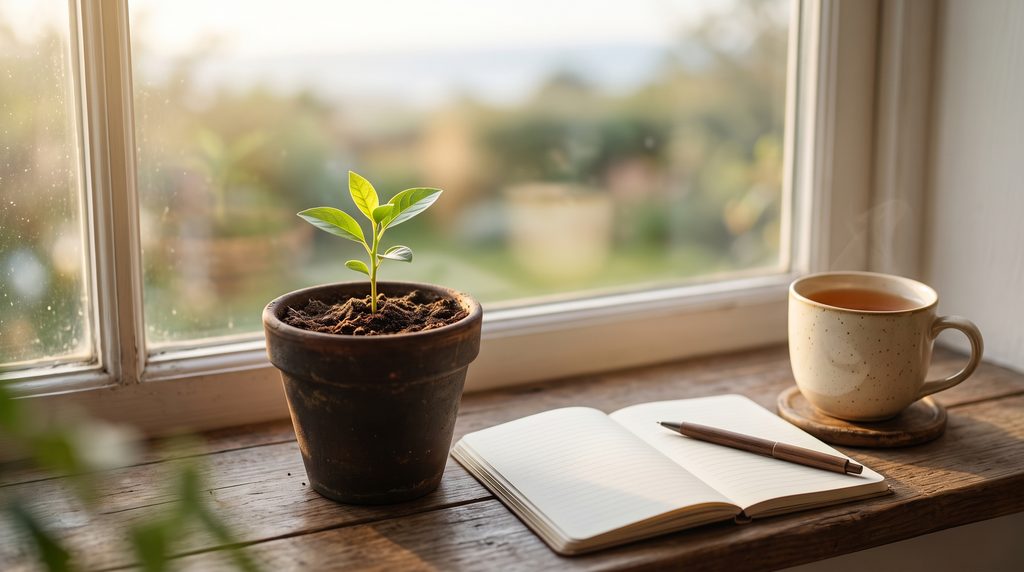 コーヒーカップと植木鉢に芽がでてくる様子
